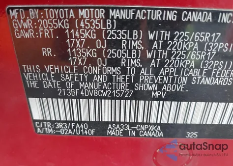 2012 Toyota Rav4 z USA, uszkodzony, nr VIN 2T3BF4DV8CW215727